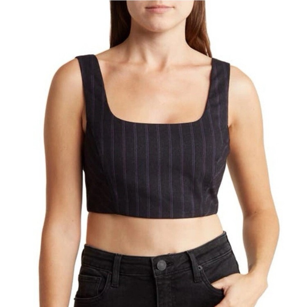 [avec les filles] suiting square neck tuxedo crop tank top black purple